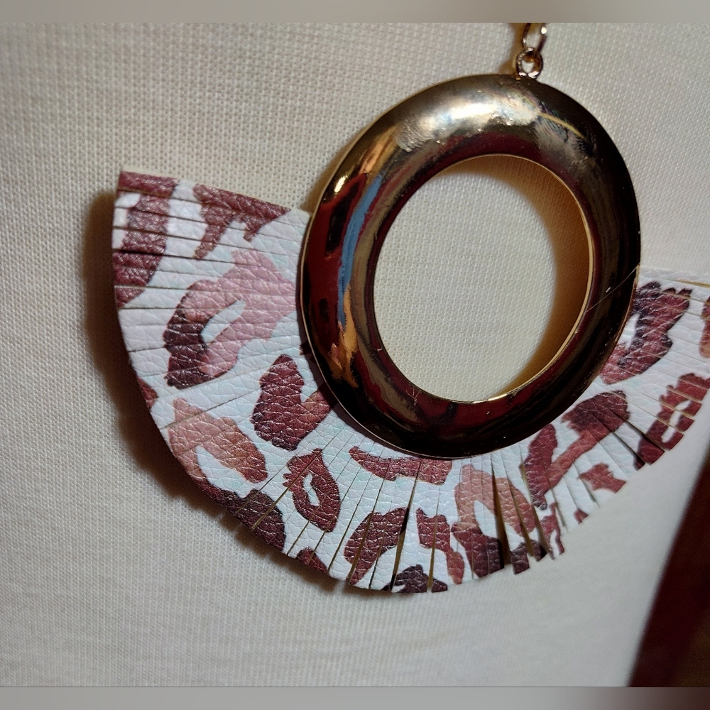 Gold and Fabric Leopard Spots Brown Pendant Long Necklace Nwot